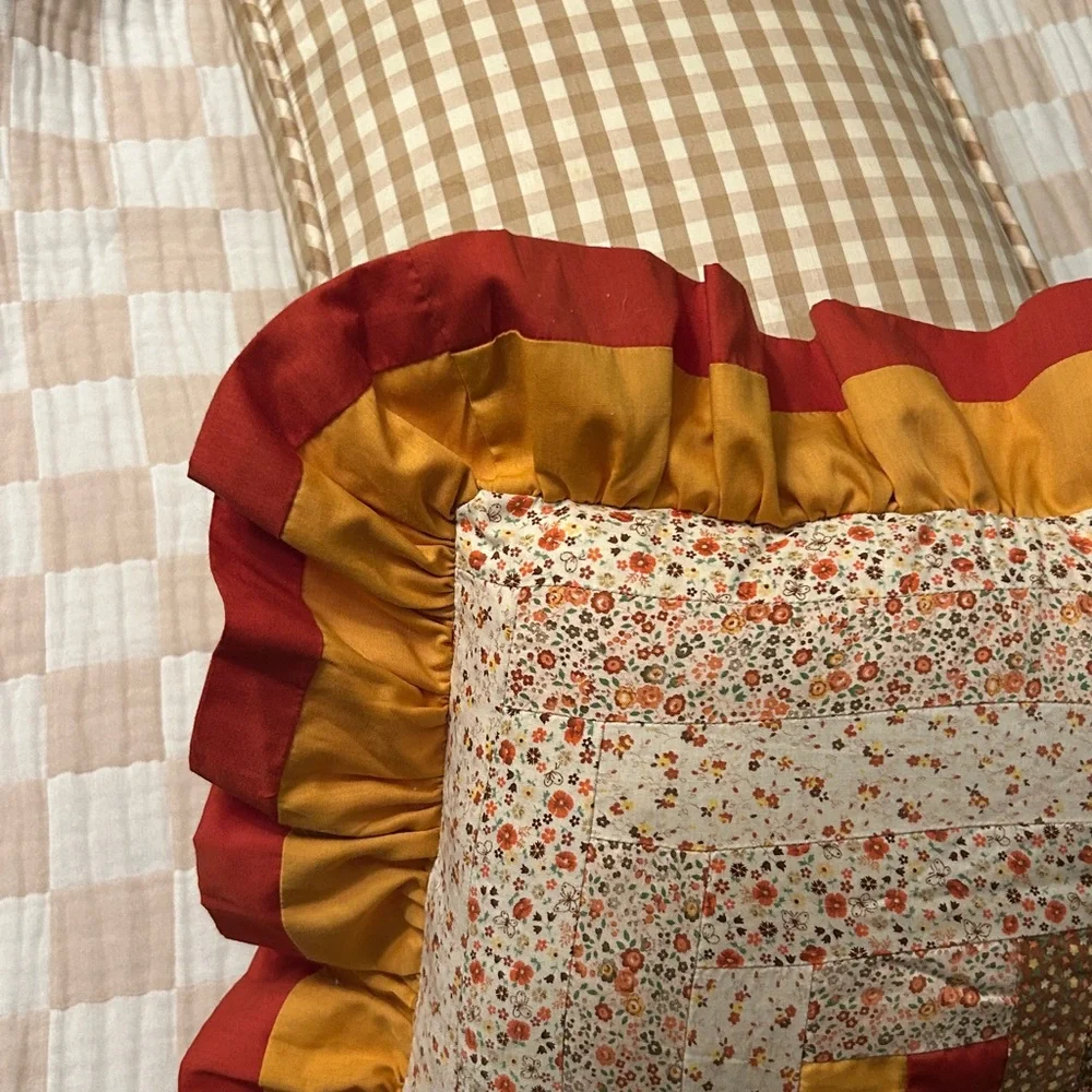 Antique Log Cabin Quilt Pillow Floral Back Terracotta Gold Applecore Aesthetic